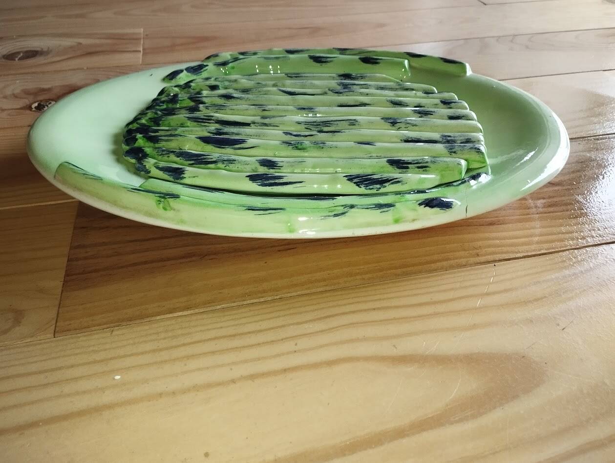 Vintage Vallauris asparagus dish in barbotine ceramic – 1950s