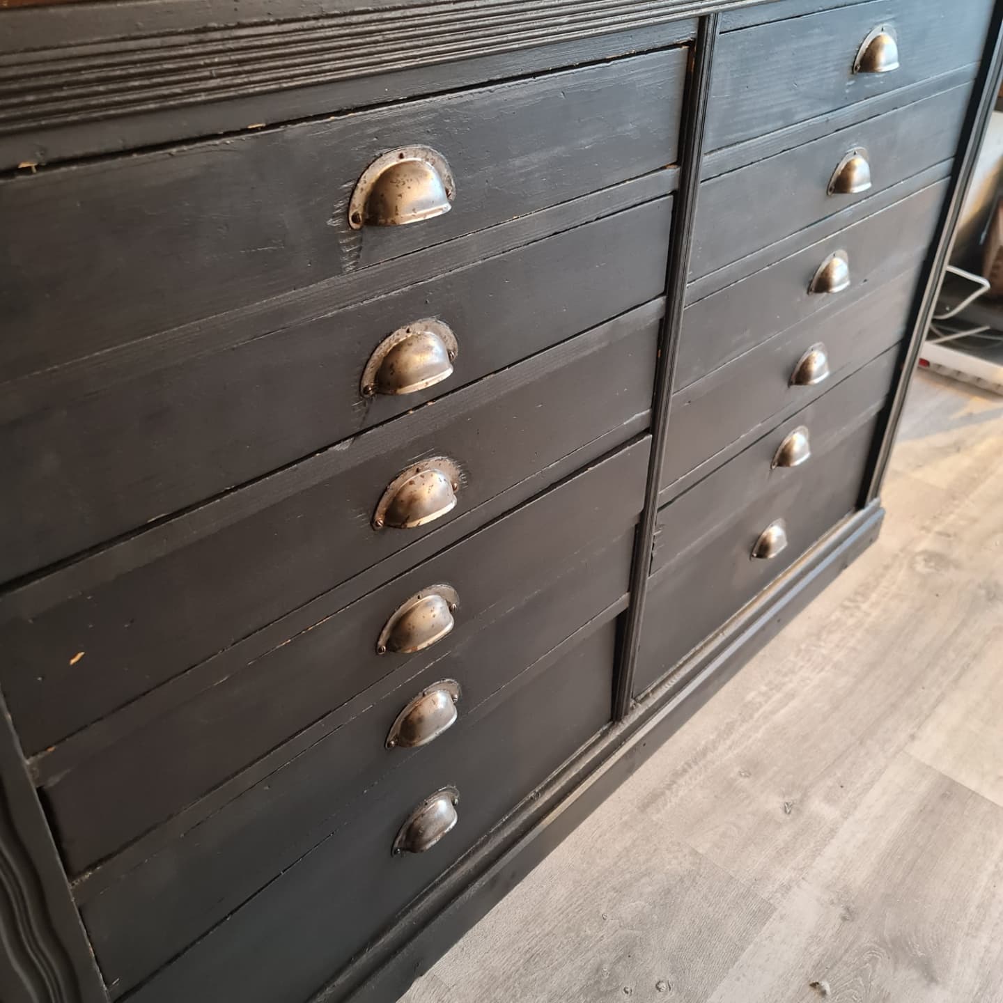 Industrial furniture loom shelf with drawers black patina