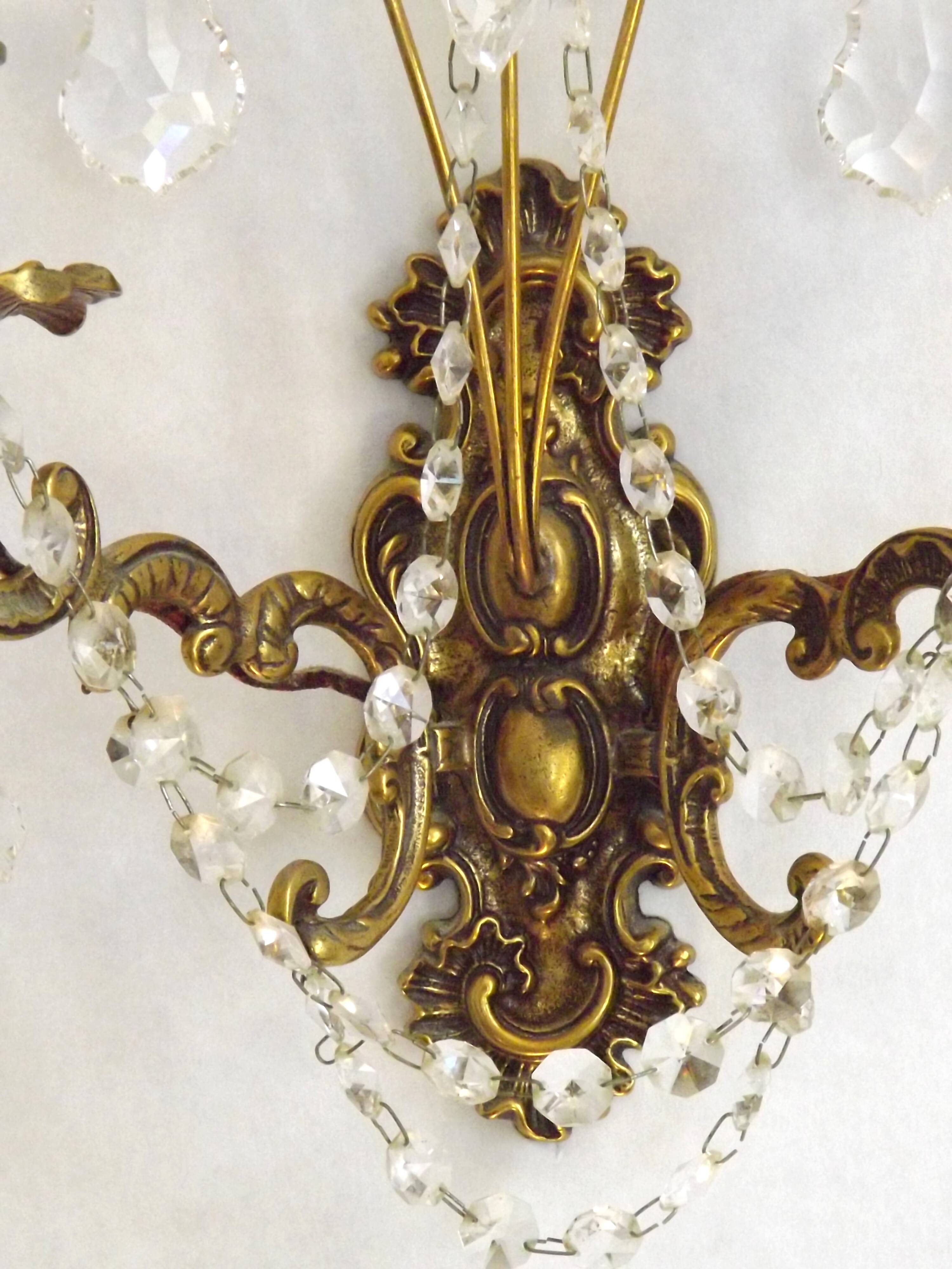 Pair of French Baroque Double Bronze Crystal Wall Lights Glass Bead Swags
