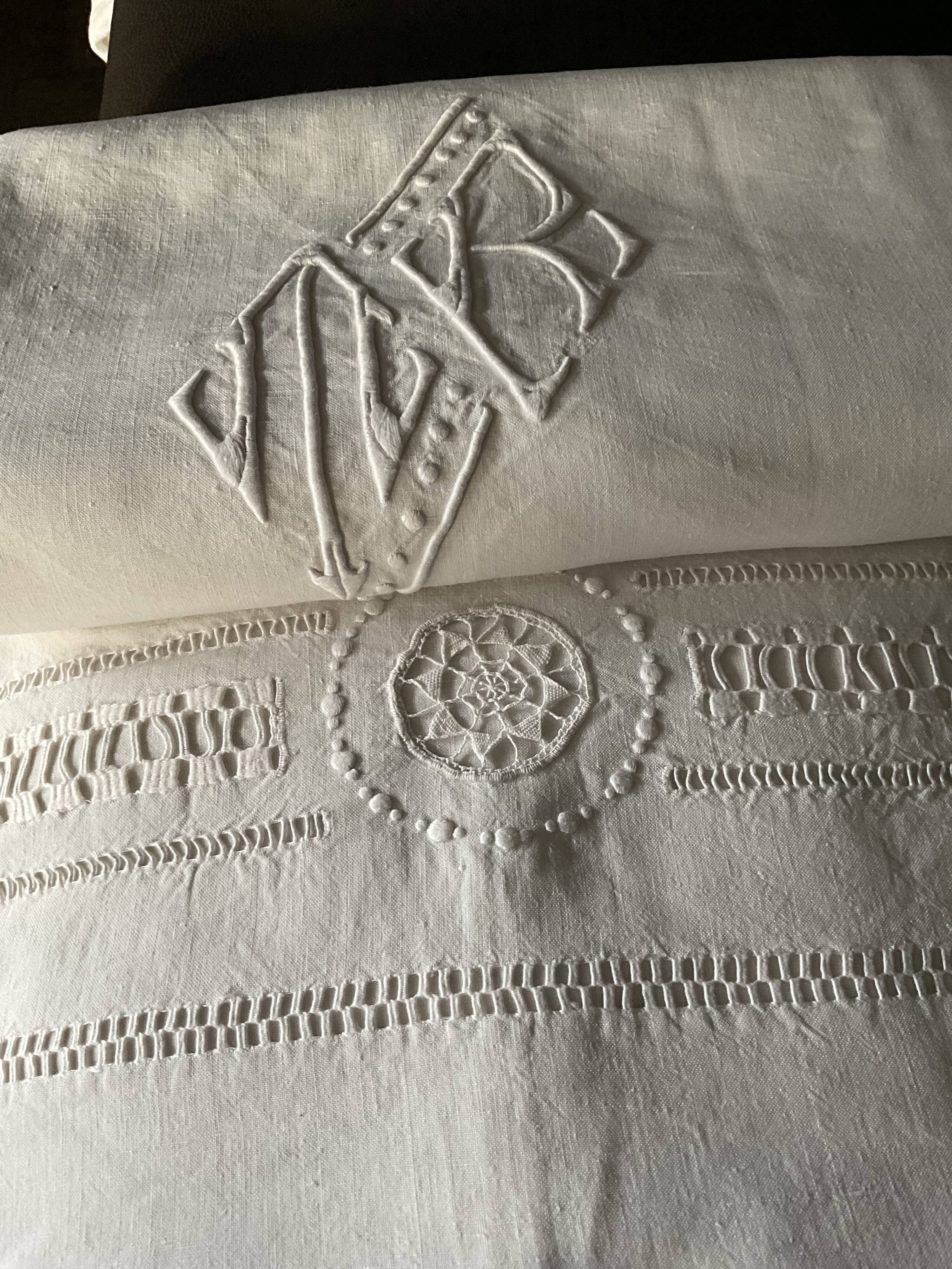 Linen sheet . Old. Monogram M R 207 cm x 300 cm