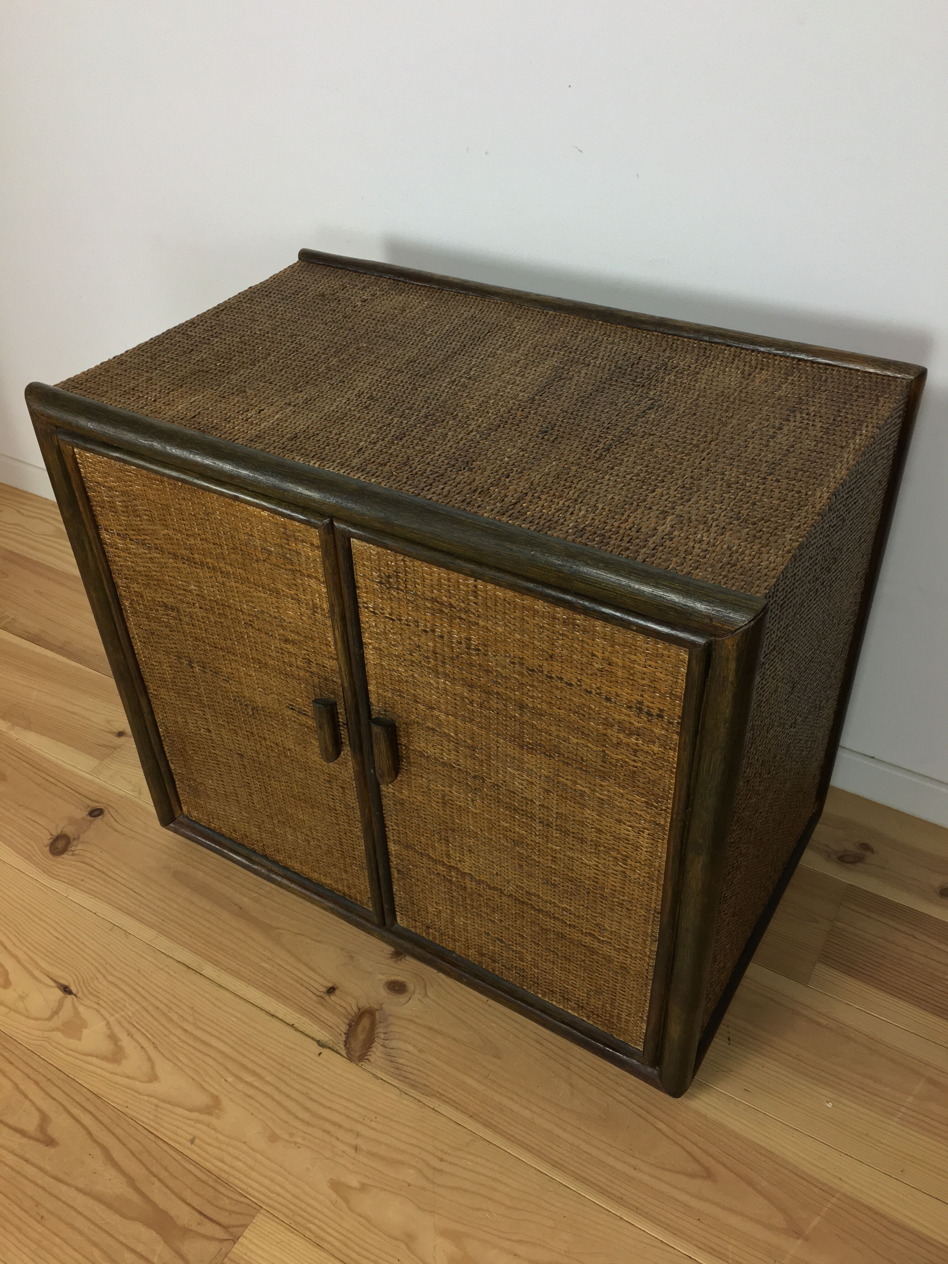 2-door woven rattan dresser, 70s