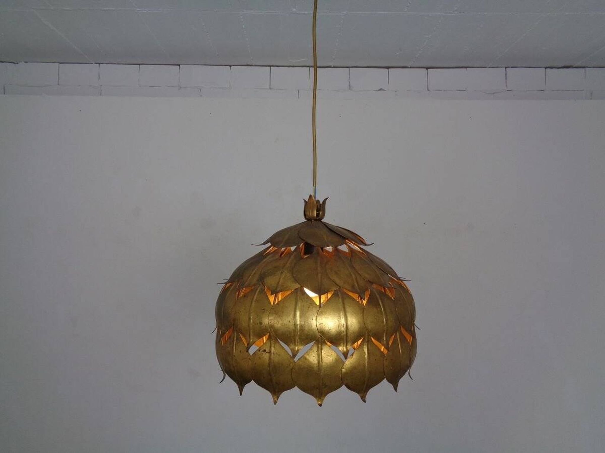 Large French Brass Lotus Ceiling Lamp, 1940s