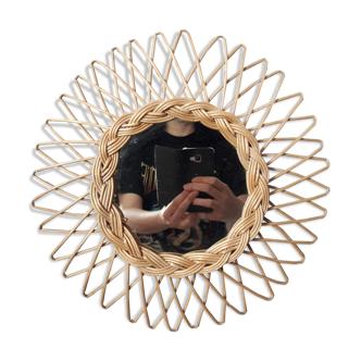Miroir soleil rotin vintage années 60 32cm