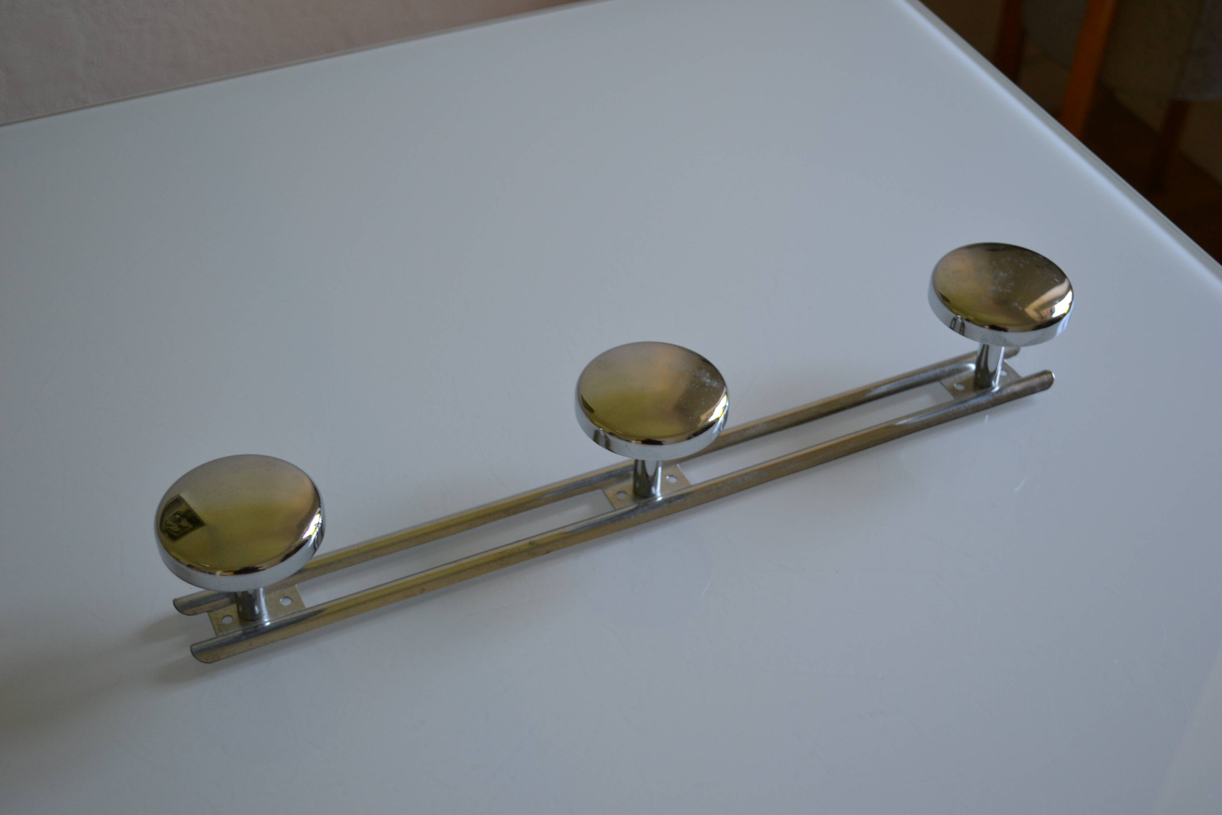 Wall coat rack with 3 chrome metal hooks, vintage 80s.