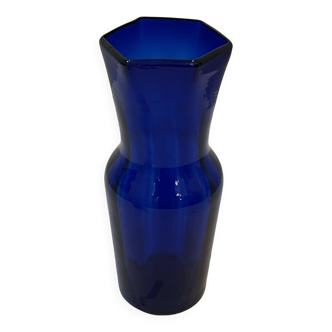 Large Vintage Indigo Blue Colored Glass Vase Mid Century 1960s 1970s Italy Hexagonal Neck