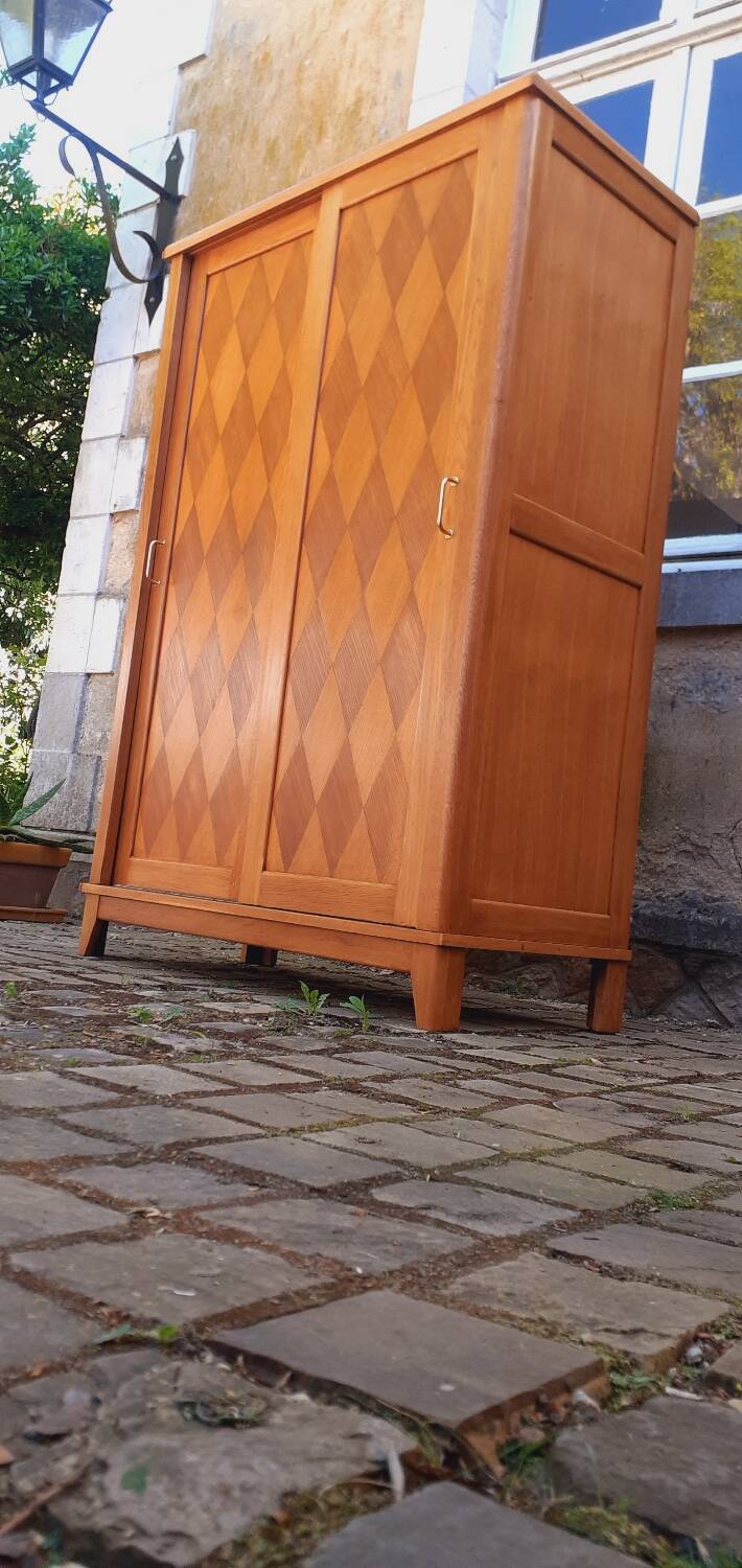 Vintage 1950s oak wardrobe with compass legs
