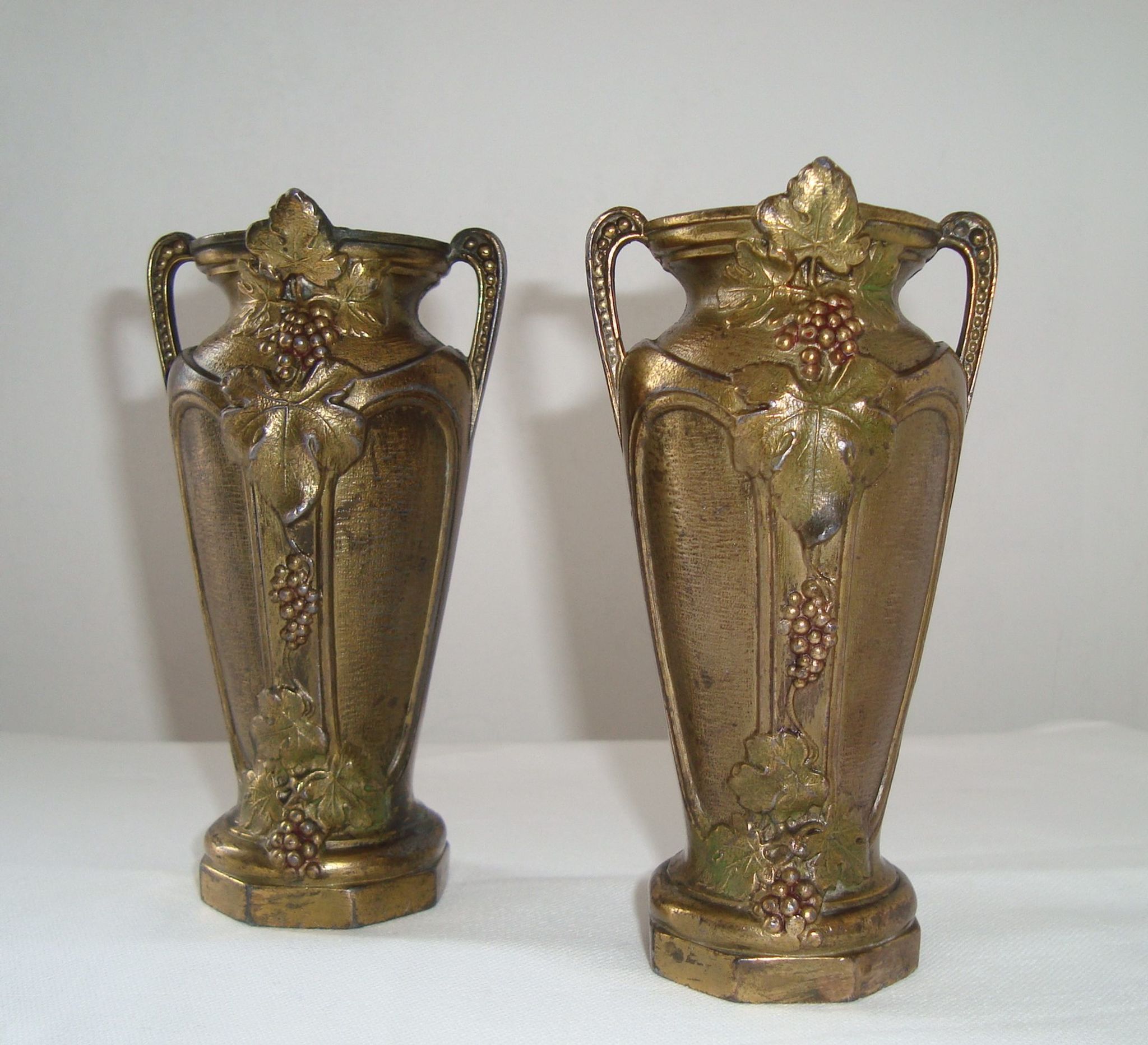 Pair of Small Cast Iron Vases Patterns Grapes Vines France Vintage Art Nouveau