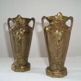 Pair of Small Cast Iron Vases Patterns Grapes Vines France Vintage Art Nouveau