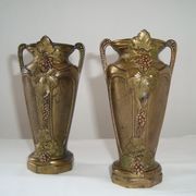 Pair of Small Cast Iron Vases Patterns Grapes Vines France Vintage Art Nouveau