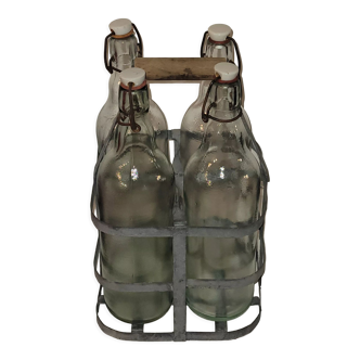 Bottle holder with 4 bottles - old - vintage