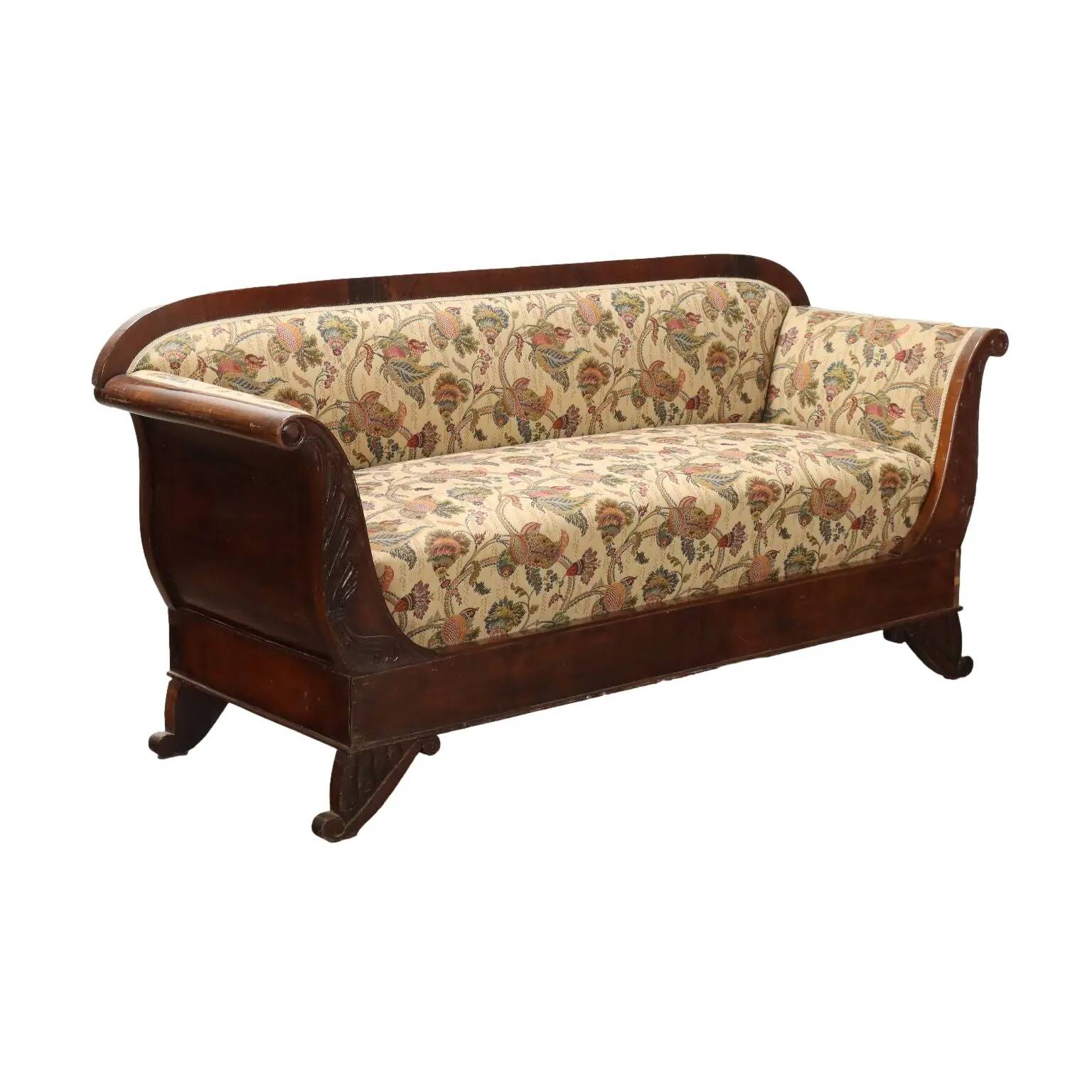 Antique Louis-Philippe canapé in walnut and fabric, Italy, 19th century