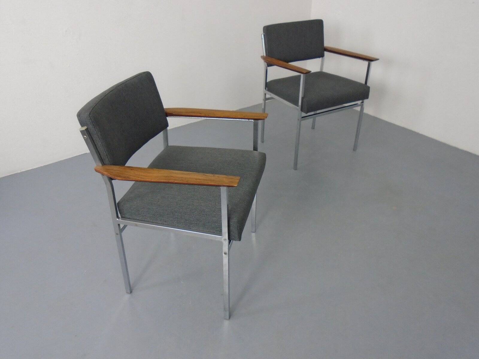 Vintage Square Tubular Rosewood and Steel Armchairs, Germany, 1960s, Set of 2