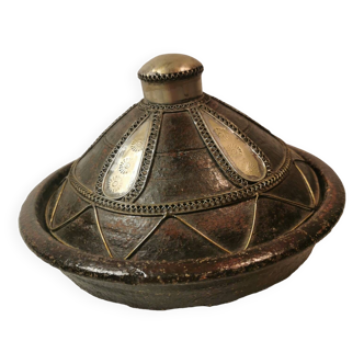 ancient tagine couscous dish hand made clay pottery silver inlays