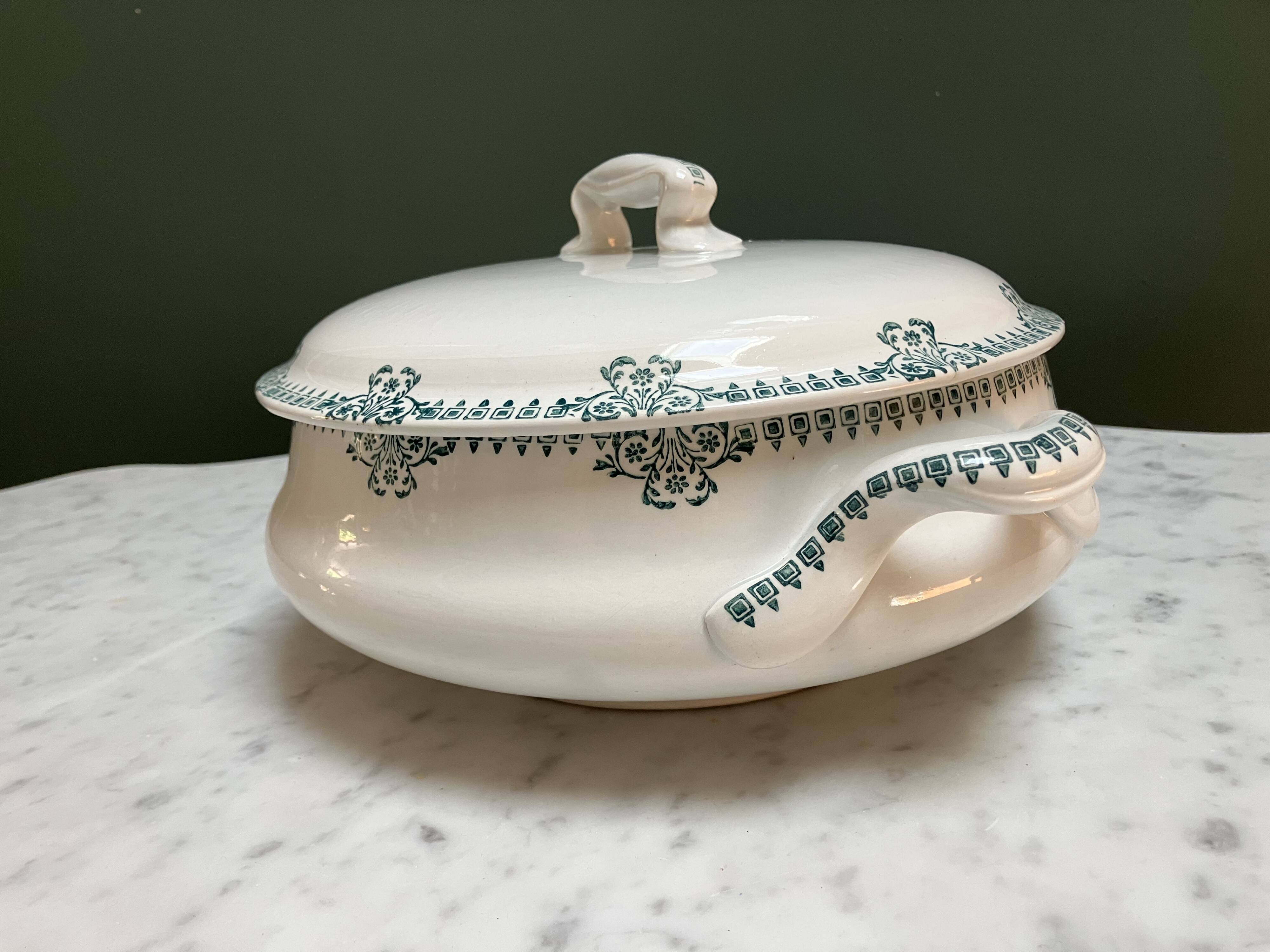 Ironstone tureen - delightful green stylized floral decoration
