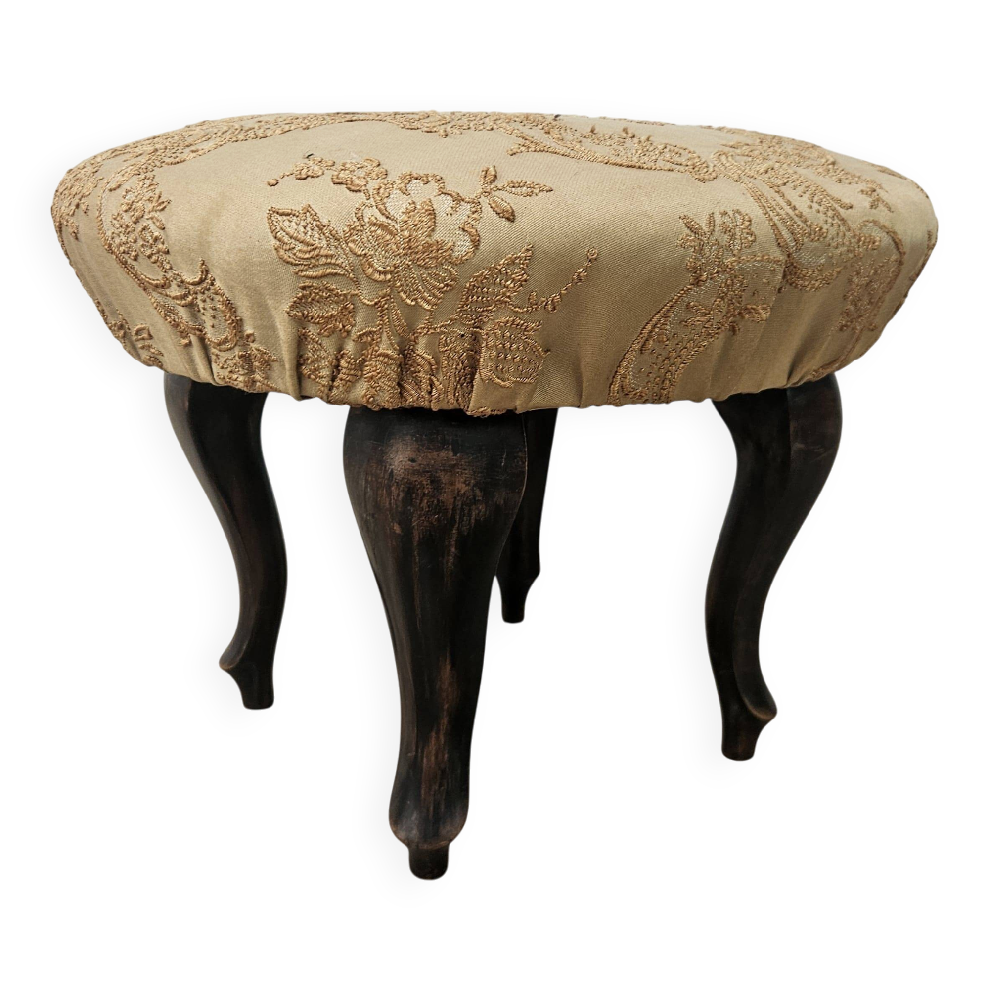 Vintage walnut pouf with fabric-covered seat, 1940s
