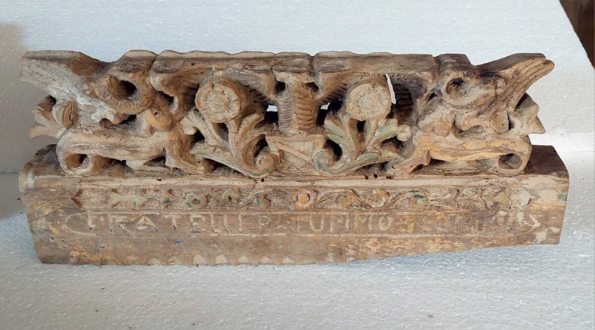 Antique fragment of a 19th century Sicilian carved wooden cart