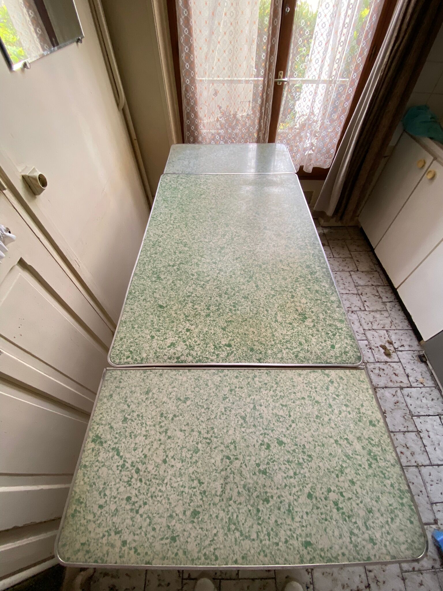 Vintage table in wood, metal and water green formica stamped Roc - Mado style