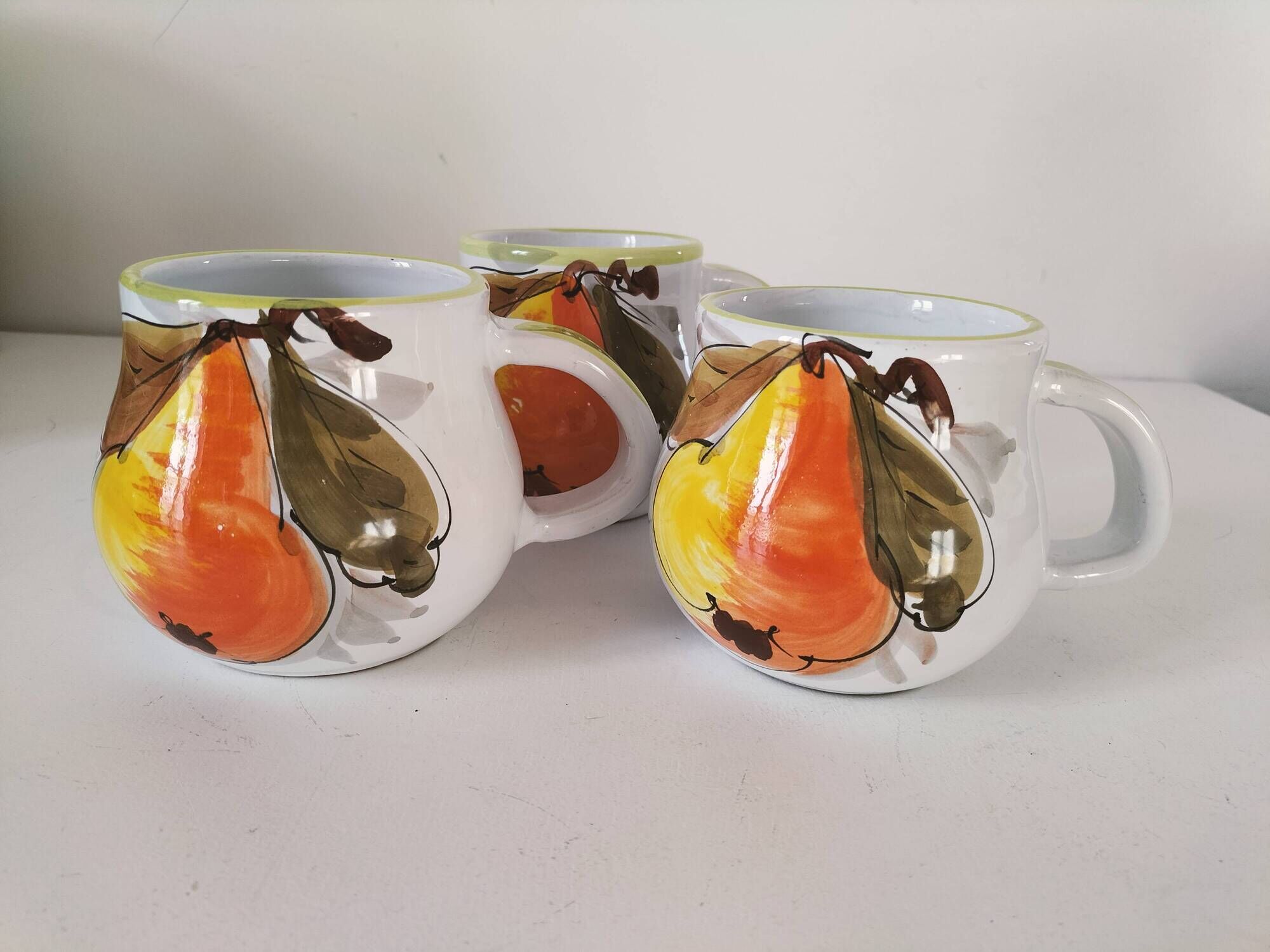Trio of vintage Italian earthenware mugs, hand-painted – pear motif
