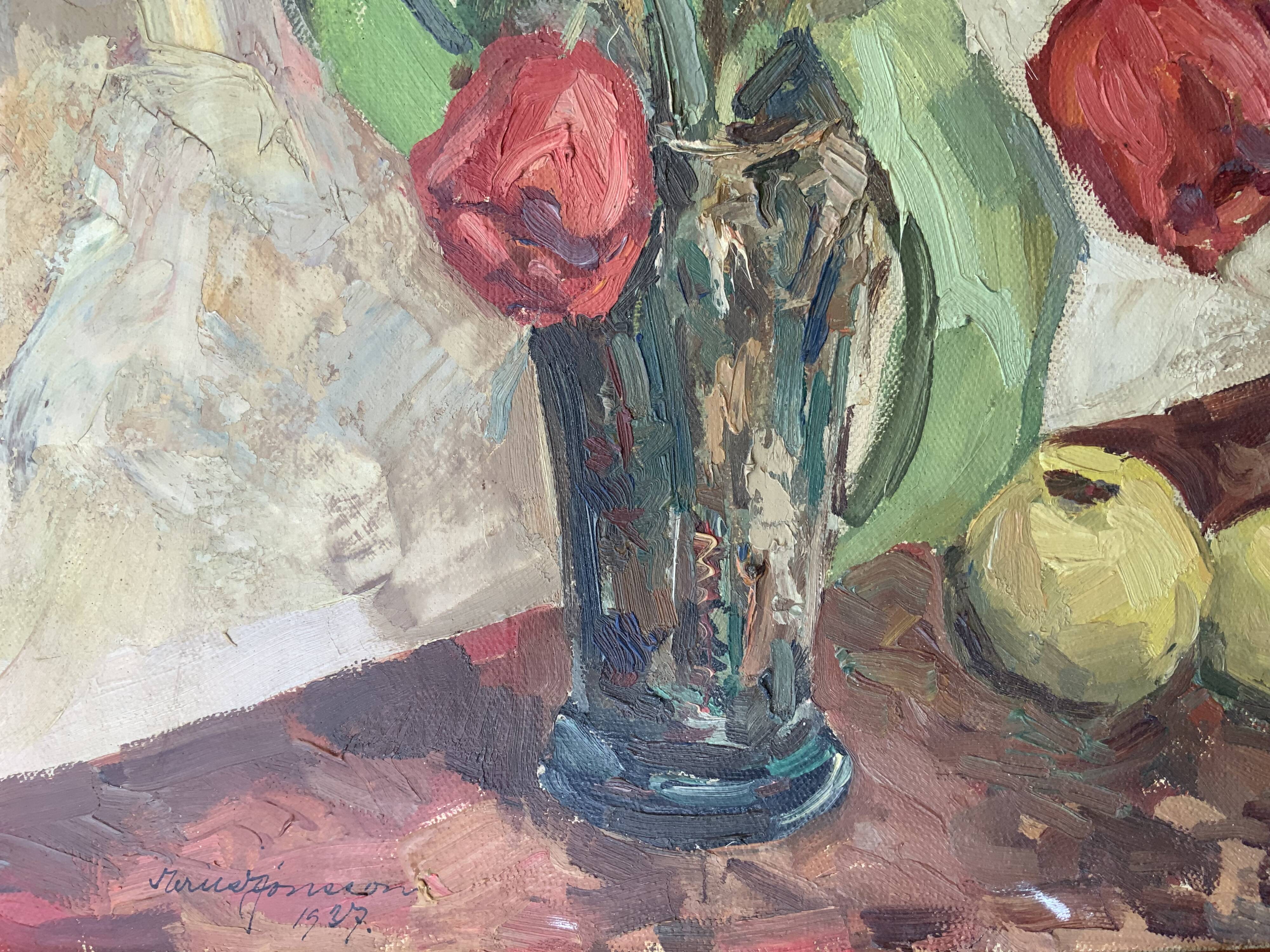 Vintage Still life with Tulips and apple, Oil Painting signed by M. Jonsson