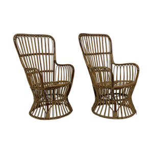 Ensemble de deux fauteuils en rotin du milieu du siècle par Bonacina 1950 Design