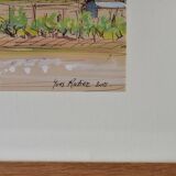 Large French watercolor landscape painting by Yves Ratier depicting rolling countryside