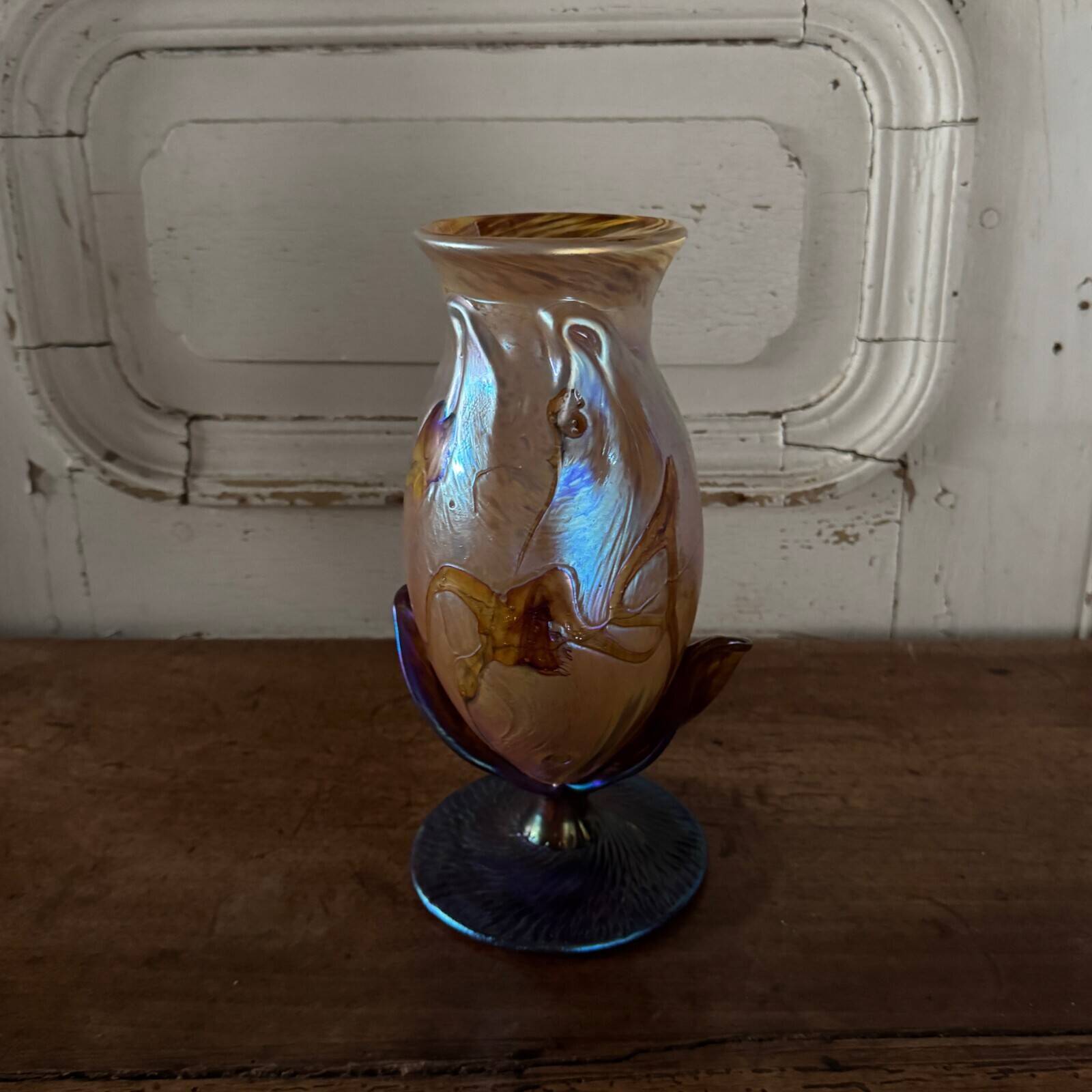 Iridescent glass paste vase signed JP Mateus 1995