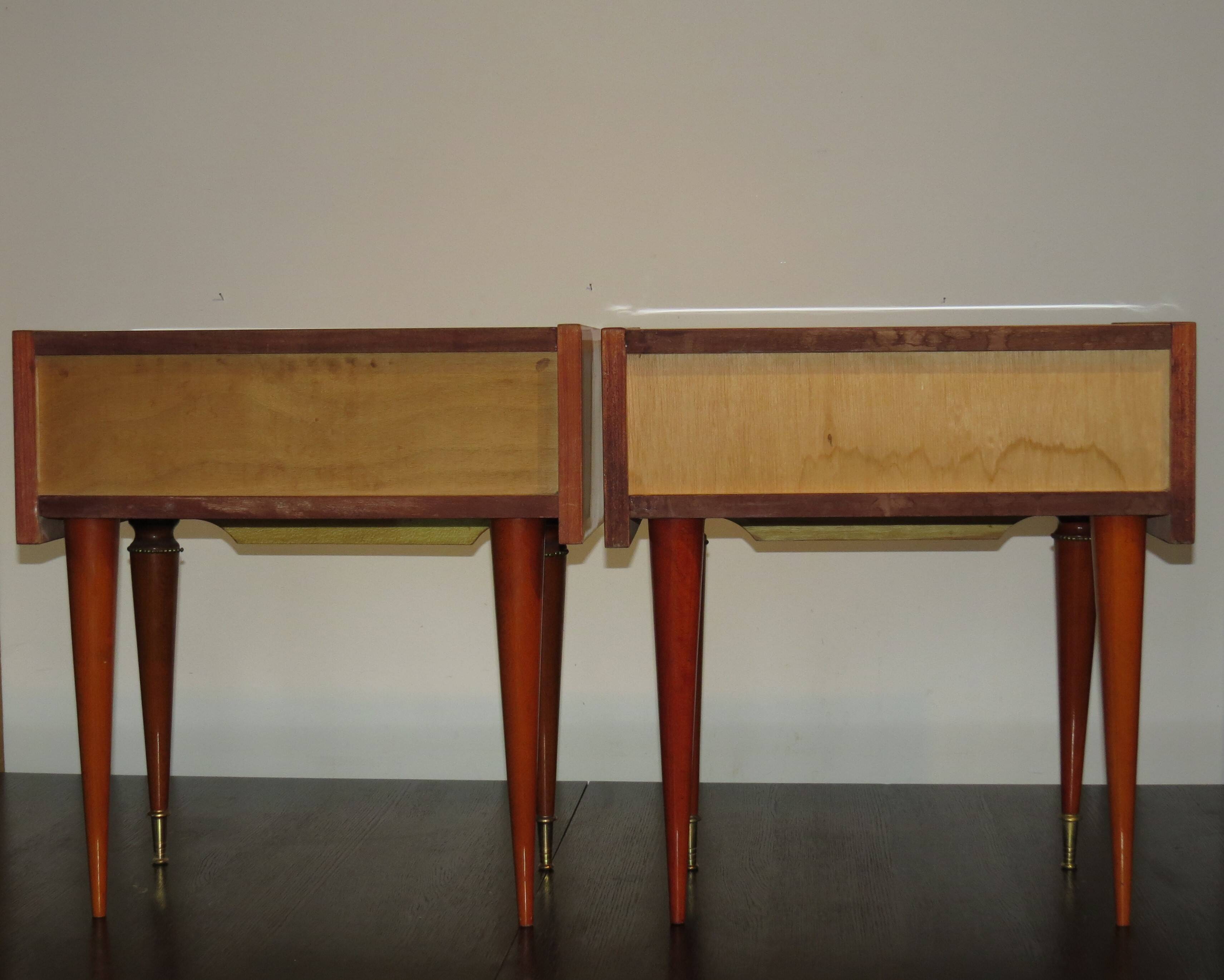 Pair of 60s veneer bedside tables with brass decorations