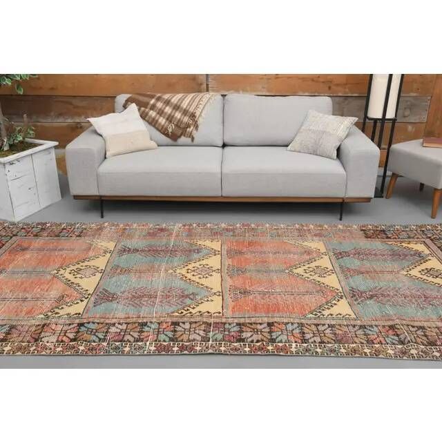1970s Vintage Turkish Hand-Knotted Wool Cotton Orange Runner Rug 143x339
