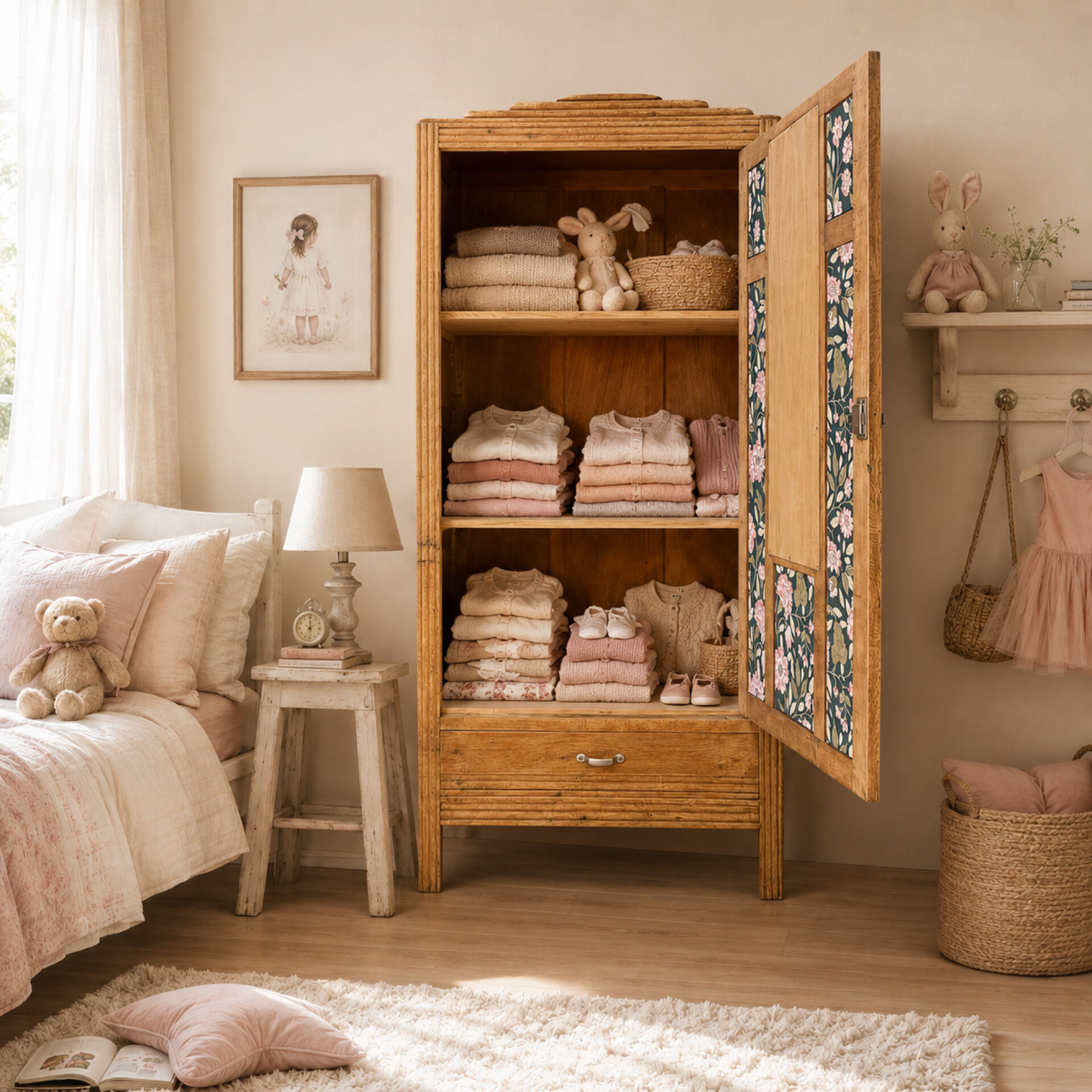 Parisian Art Deco wardrobe in raw oak, renovated.