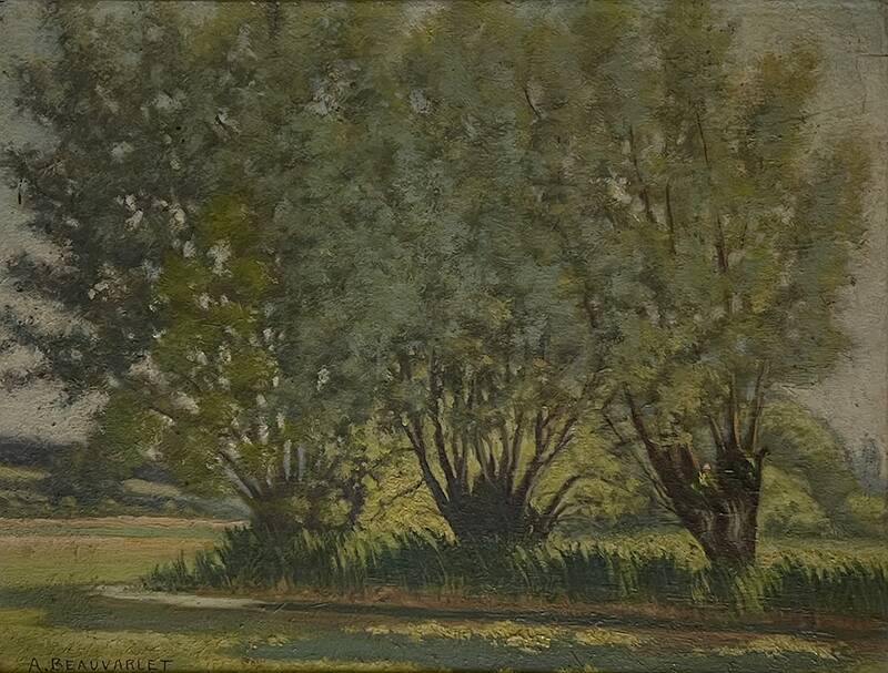 Painting "Trees on the edge of a pond", A.Beauvarlet, Oil on wood