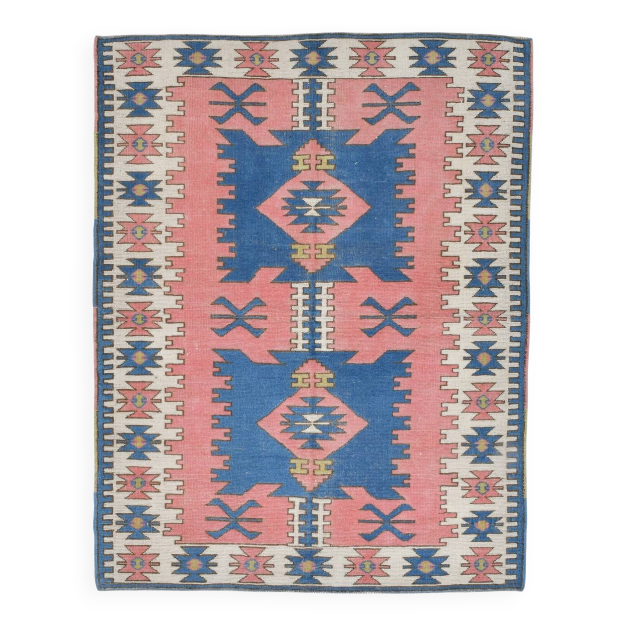 Vintage Blue Pink Geometric Oushak Rug, 141x184Cm
