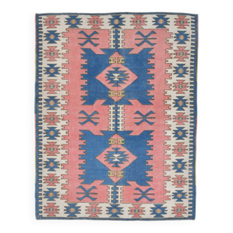 Vintage Blue Pink Geometric Oushak Rug, 141x184Cm