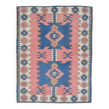 Vintage Blue Pink Geometric Oushak Rug, 141x184Cm