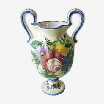 Ancien vase amphore, décor fleurs, en céramique, de St Clément