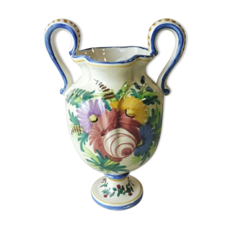 Ancien vase amphore, décor fleurs, en céramique, de St Clément