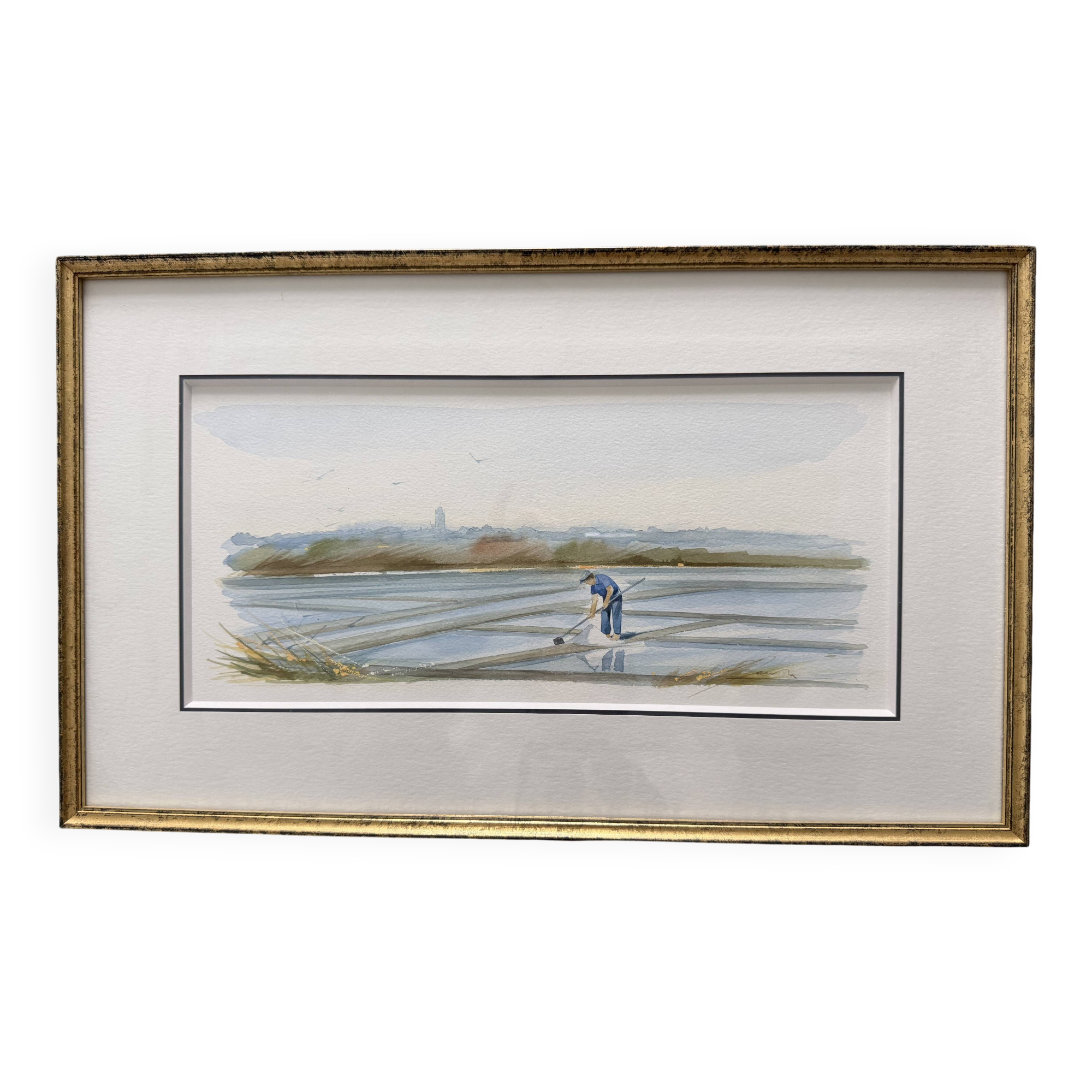 Watercolour by Christian Gaudin framed, certificate Guérande salt marshes.