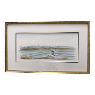 Watercolour by Christian Gaudin framed, certificate Guérande salt marshes.