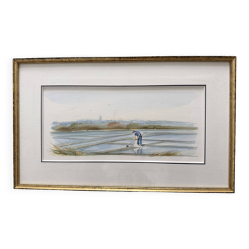 Watercolour by Christian Gaudin framed, certificate Guérande salt marshes.
