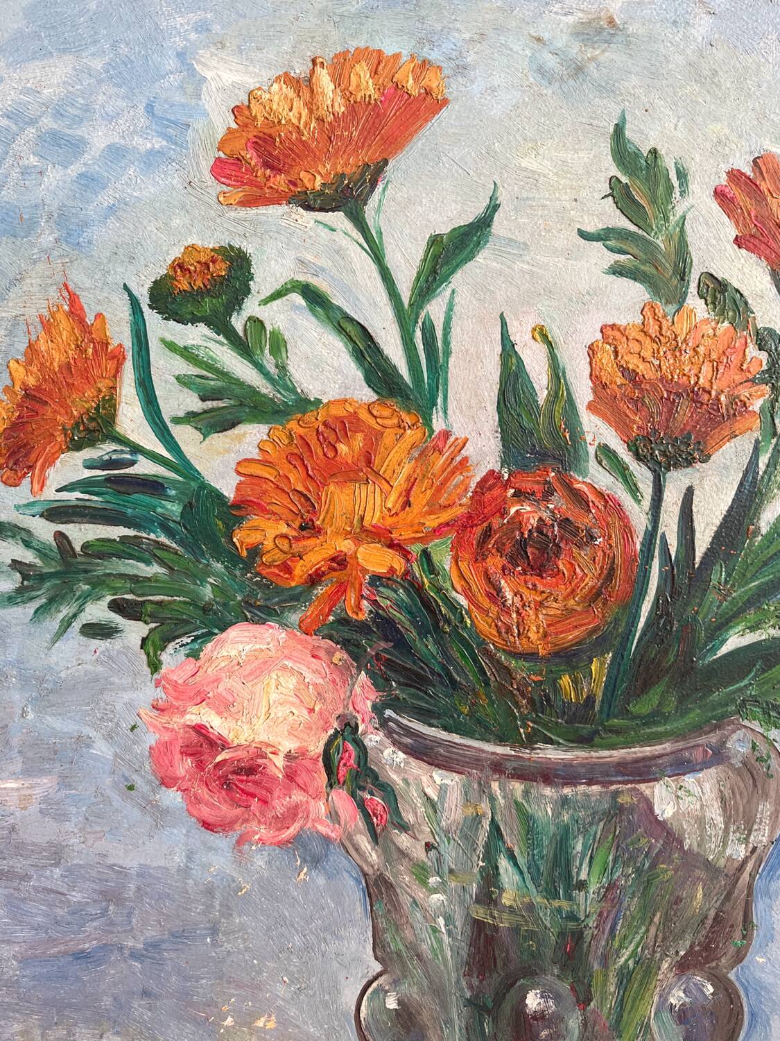 Old oil painting on panel bouquet of flowers