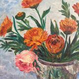 Tableau peinture ancienne huile sur panneau bouquet de fleurs