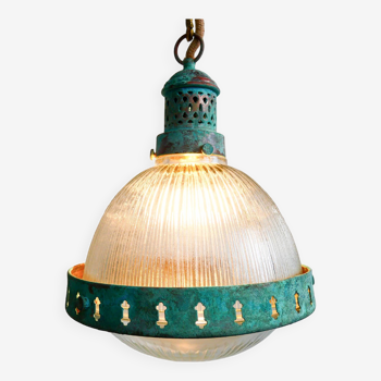 “Jules Verne” pendant light with blue patina – Small Format