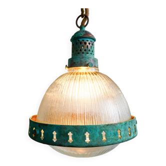 “Jules Verne” pendant light with blue patina – Small Format