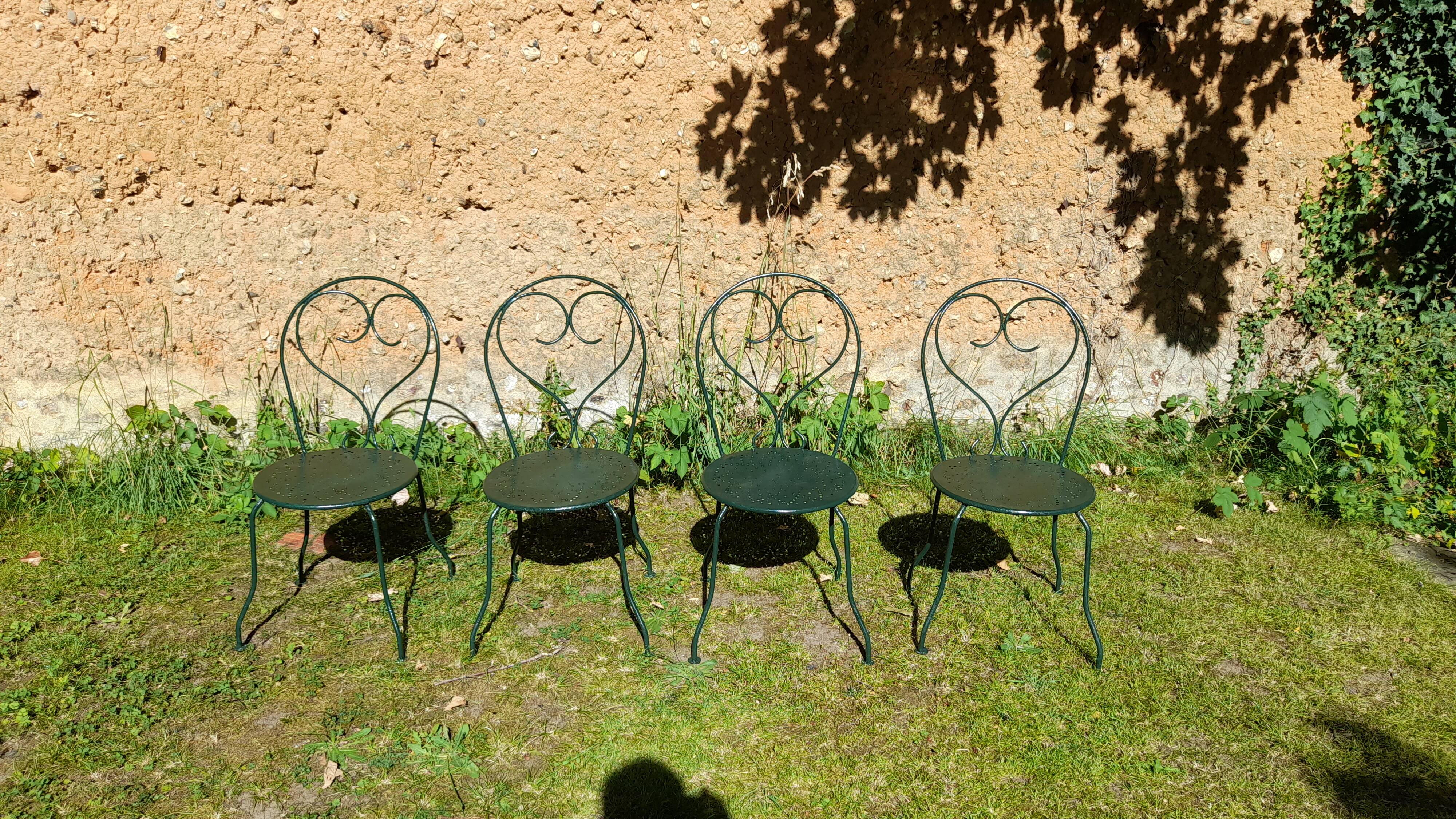 Salon de jardin ancien fer forgé 1 table 4 chaises vert wagon