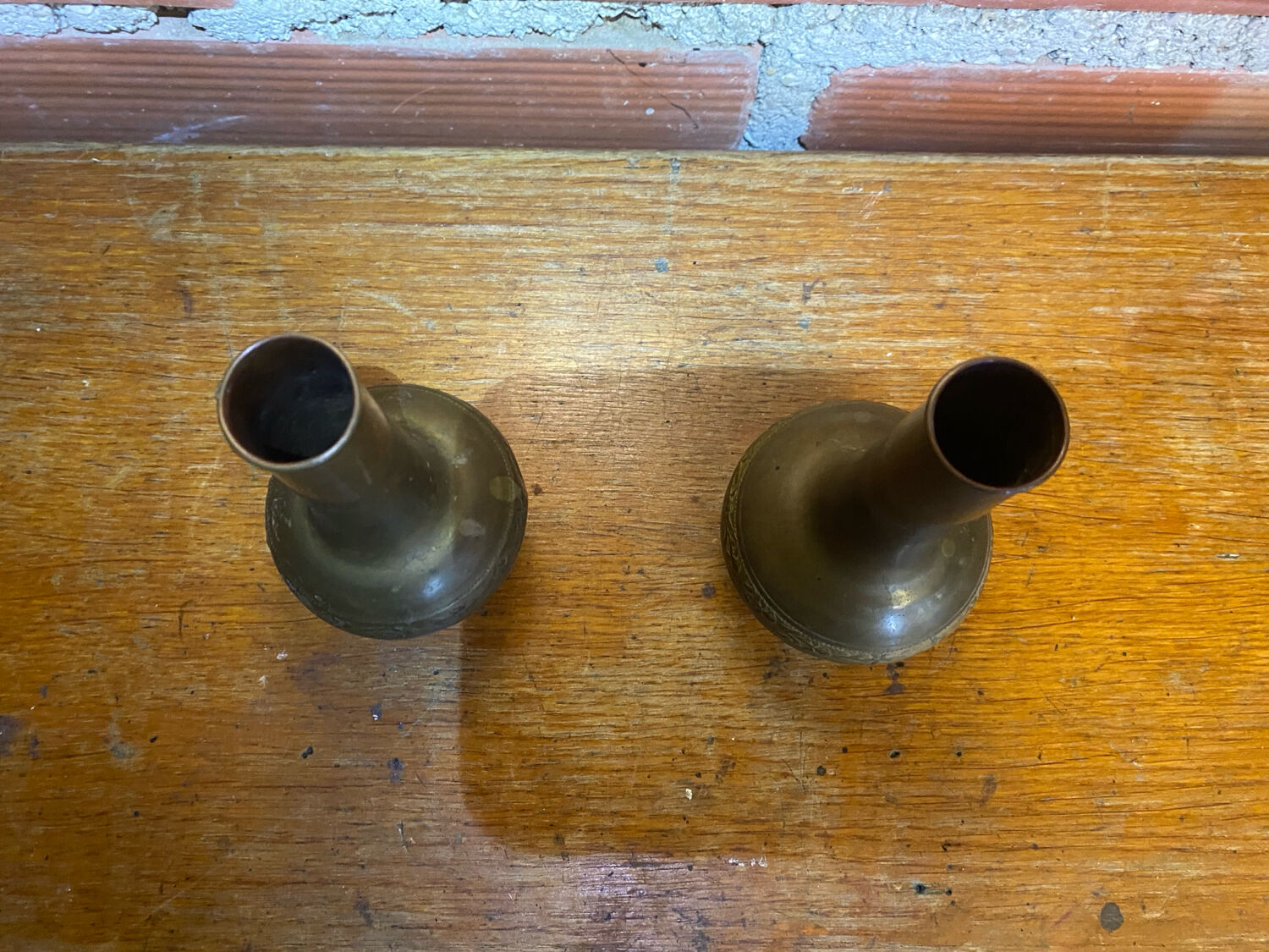 Pair of Antique Vintage Repoussé Brass Vases