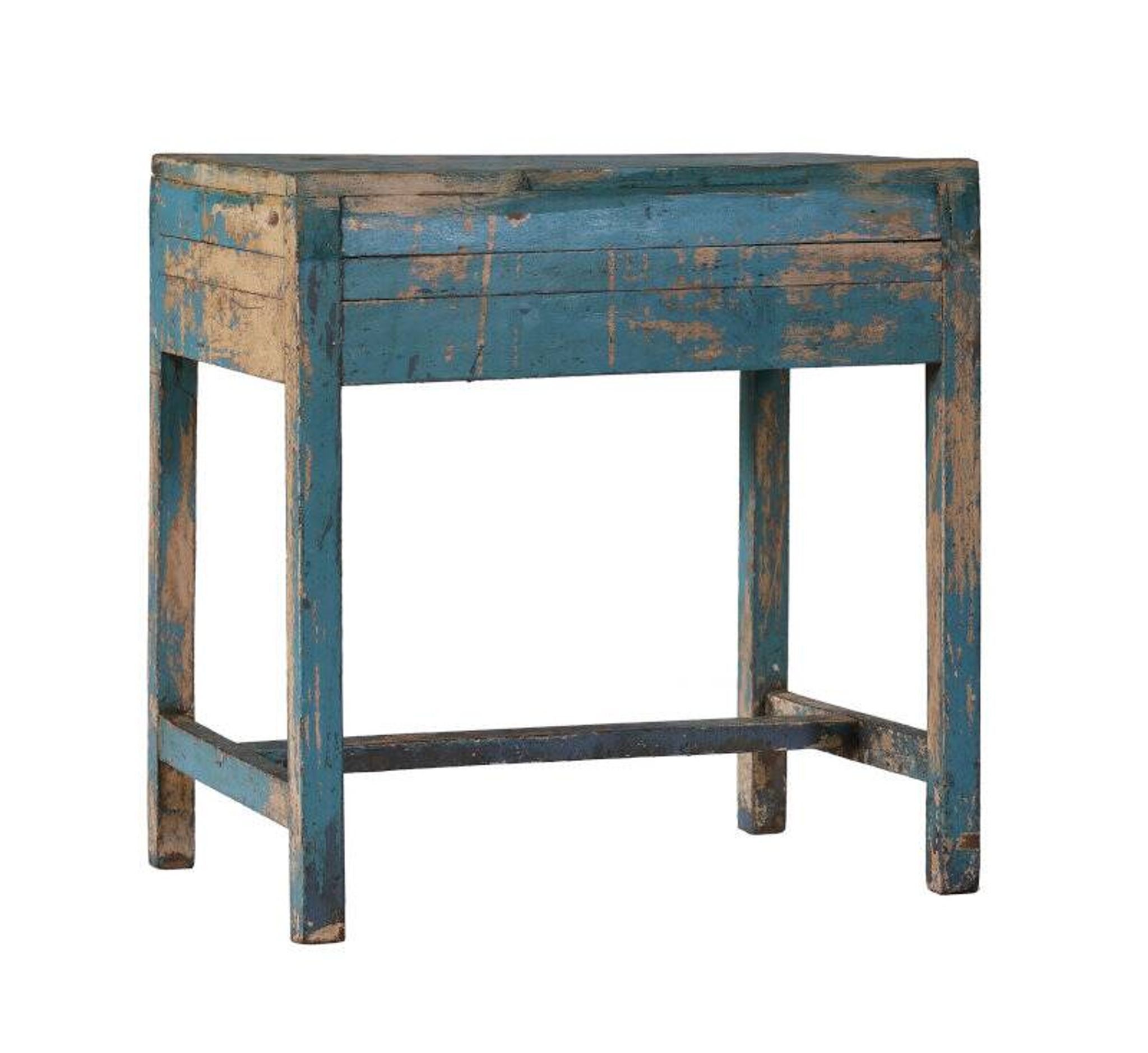Blue console table old indian desk with patina teak wood drawer and original piece