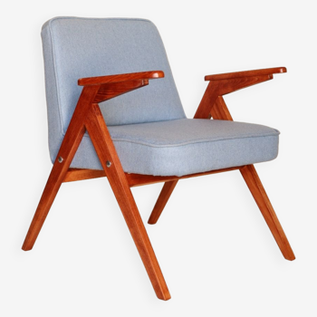 Fauteuil vintage en bois design space age par Chierowski tissu en laine bleu chaise de salon vintage originale