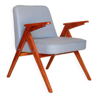 Fauteuil vintage en bois design space age par Chierowski tissu en laine bleu chaise de salon vintage originale