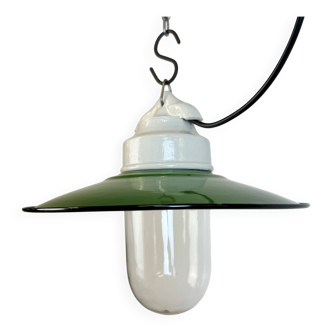 Vintage Porcelain Hanging  Light with Green Enamel Shade, 1970s