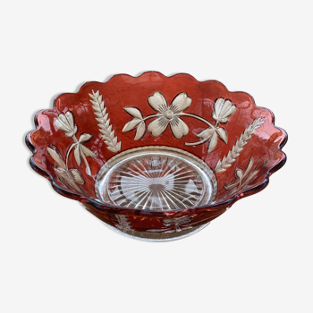 Saladier en verre rouge et transparent avec motifs floraux et épis de blés vintage