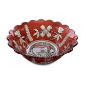 Red and transparent glass bowl with floral motifs and vintage wheat cobs